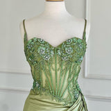 Lyra | Mermaid Sage Spaghetti Straps Appliqued Long Prom Dress With Split