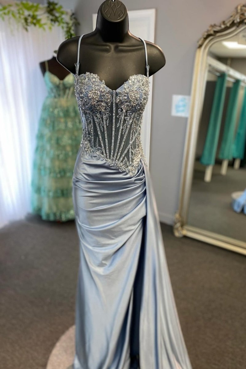 Lyra | Mermaid Sage Spaghetti Straps Appliqued Long Prom Dress With Split