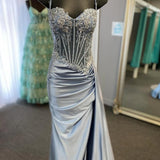 Lyra | Mermaid Sage Spaghetti Straps Appliqued Long Prom Dress With Split