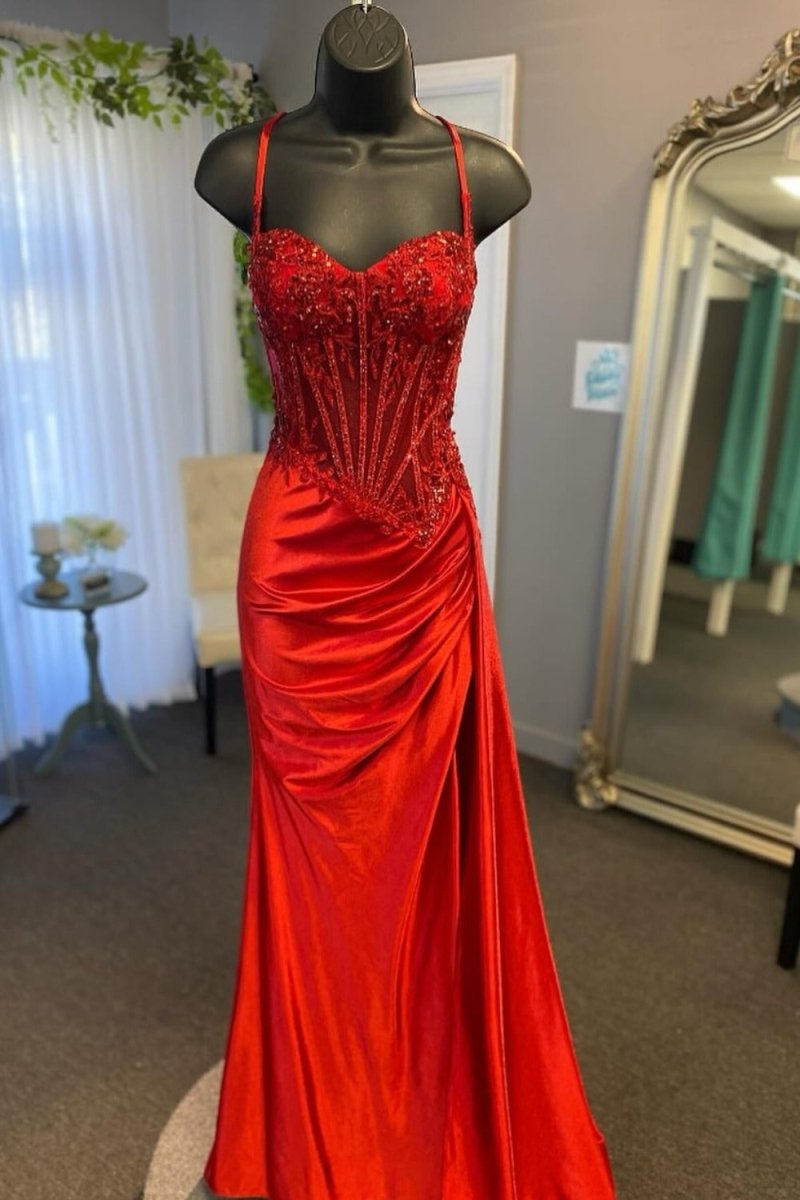 Lyra | Mermaid Sage Spaghetti Straps Appliqued Long Prom Dress With Split