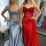 Lyra | Mermaid Sage Spaghetti Straps Appliqued Long Prom Dress With Split