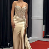 Lyra | Mermaid Sage Spaghetti Straps Appliqued Long Prom Dress With Split