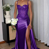 Lyra | Mermaid Sage Spaghetti Straps Appliqued Long Prom Dress With Split