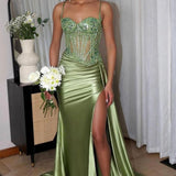 Lyra | Mermaid Sage Spaghetti Straps Appliqued Long Prom Dress With Split