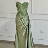Lyra | Mermaid Sage Spaghetti Straps Appliqued Long Prom Dress With Split