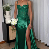 Lyra | Mermaid Sage Spaghetti Straps Appliqued Long Prom Dress With Split
