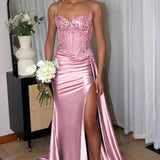 Lyra | Mermaid Sage Spaghetti Straps Appliqued Long Prom Dress With Split