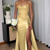 Lyra | Mermaid Sage Spaghetti Straps Appliqued Long Prom Dress With Split