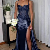 Lyra | Mermaid Sage Spaghetti Straps Appliqued Long Prom Dress With Split