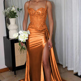 Lyra | Mermaid Sage Spaghetti Straps Appliqued Long Prom Dress With Split