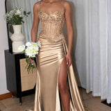 Lyra | Mermaid Sage Spaghetti Straps Appliqued Long Prom Dress With Split