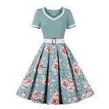 1950S Pink Floral Print Belted Short Sleeve Vintage Dress