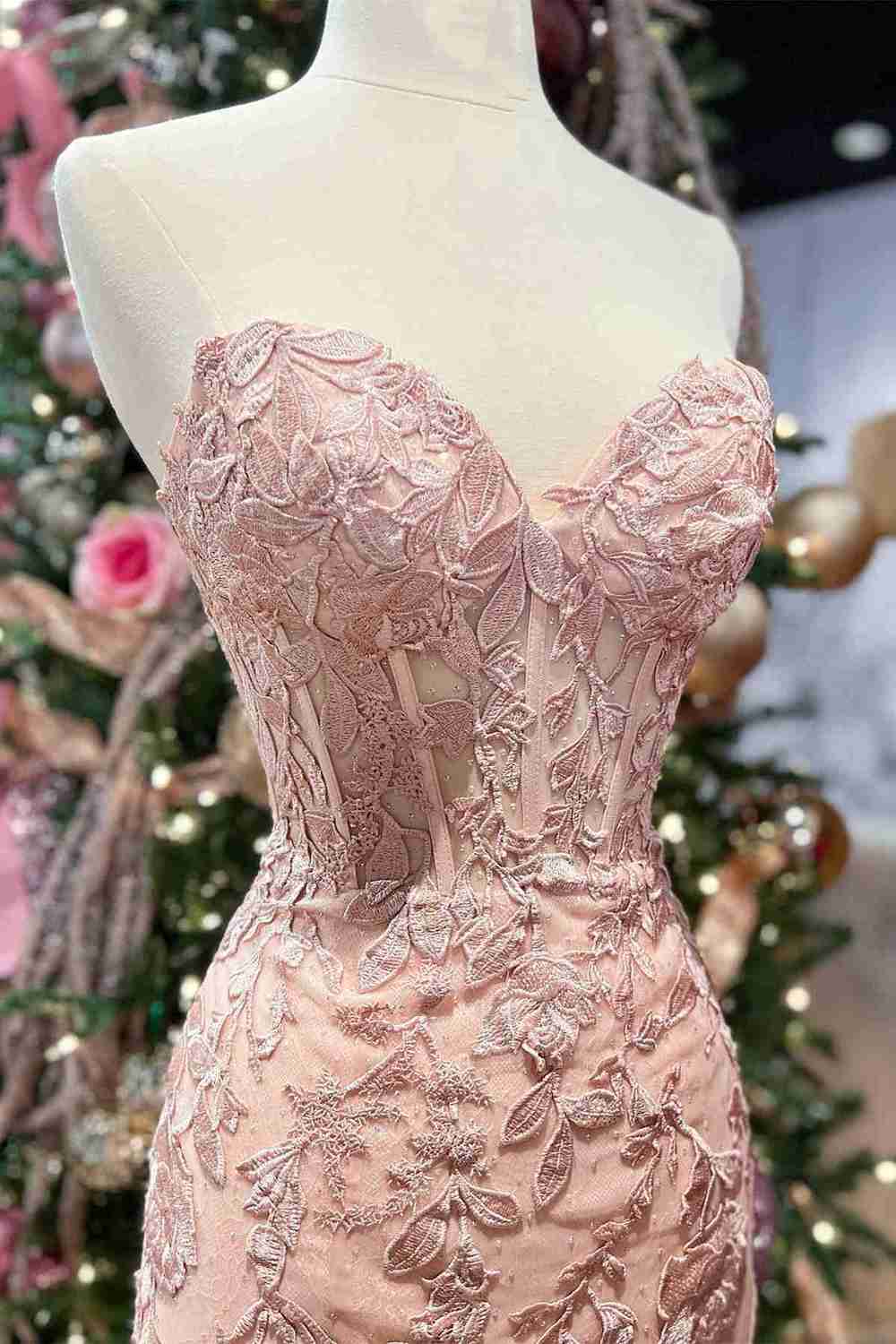 Luma | Hot Pink Mermaid Strapless Corset Lace Long Prom Dress with Slit