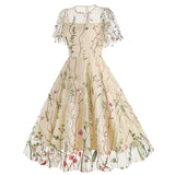 1950S Red Floral Round Neck Short Sleeve Embroidered Vintage Dress