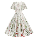 1950S Red Floral Round Neck Short Sleeve Embroidered Vintage Dress