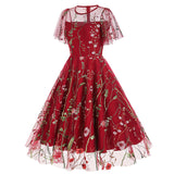 1950S Red Floral Round Neck Short Sleeve Embroidered Vintage Dress