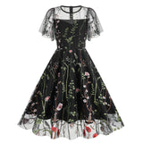 1950S Red Floral Round Neck Short Sleeve Embroidered Vintage Dress