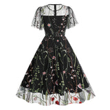 1950S Red Floral Round Neck Short Sleeve Embroidered Vintage Dress