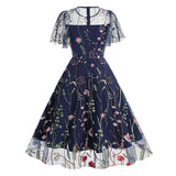 1950S Red Floral Round Neck Short Sleeve Embroidered Vintage Dress