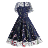 1950S Red Floral Round Neck Short Sleeve Embroidered Vintage Dress