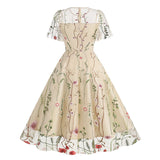 1950S Red Floral Round Neck Short Sleeve Embroidered Vintage Dress