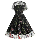 1950S Red Floral Round Neck Short Sleeve Embroidered Vintage Dress