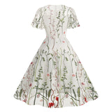 1950S Red Floral Round Neck Short Sleeve Embroidered Vintage Dress