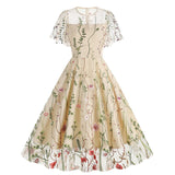 1950S Red Floral Round Neck Short Sleeve Embroidered Vintage Dress