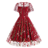 1950S Red Floral Round Neck Short Sleeve Embroidered Vintage Dress