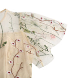 1950S Red Floral Round Neck Short Sleeve Embroidered Vintage Dress