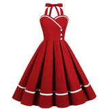 1950S Red Halter Neck Swing Vintage Dress with white trim