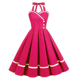 1950S Red Halter Neck Swing Vintage Dress with white trim