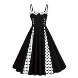 1950S Retro Red and Black Polka Dot Panel Spaghetti Strap Vintage Swing Dress