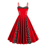 1950S Retro Red and Black Polka Dot Panel Spaghetti Strap Vintage Swing Dress