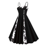 1950S Retro Red and Black Polka Dot Panel Spaghetti Strap Vintage Swing Dress