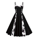 1950S Retro Red and Black Polka Dot Panel Spaghetti Strap Vintage Swing Dress