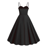 1950S Retro Red and Black Polka Dot Panel Spaghetti Strap Vintage Swing Dress