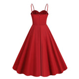1950S Retro Red and Black Polka Dot Panel Spaghetti Strap Vintage Swing Dress