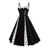 1950S Retro Red and Black Polka Dot Panel Spaghetti Strap Vintage Swing Dress