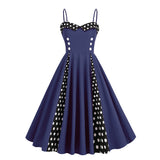 1950S Retro Red and Black Polka Dot Panel Spaghetti Strap Vintage Swing Dress
