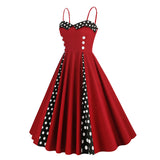 1950S Retro Red and Black Polka Dot Panel Spaghetti Strap Vintage Swing Dress