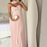 Eira | Blush Pink Strapless Sweetheart Pleated Chiffon Long Prom Dress with Scarf