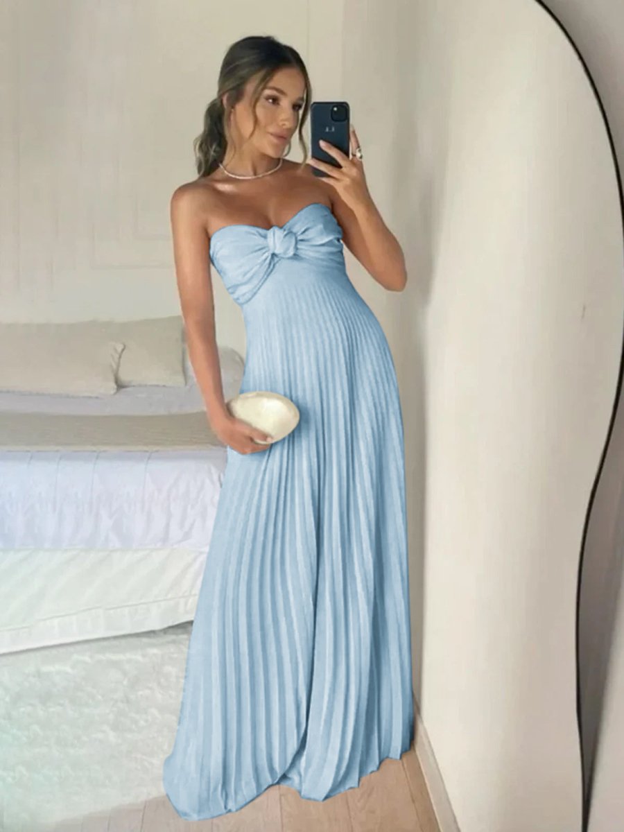 Eira | Blush Pink Strapless Sweetheart Pleated Chiffon Long Prom Dress with Scarf