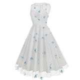 1950S Round neck sleeveless lace butterfly embroidery Vintage Dress