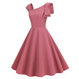 1950S Stylish One-Shoulder Pink A-Line Dress with Bow Detail