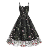 1950S Suspender embroidered mesh splicing Vintage dress