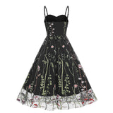 1950S Suspender embroidered mesh splicing Vintage dress