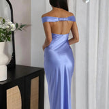 Kaia | Aqua Sheath Off The Shoulder Sleeveless Satin Long Prom Dress