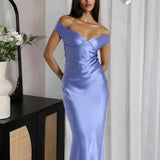 Kaia | Aqua Sheath Off The Shoulder Sleeveless Satin Long Prom Dress