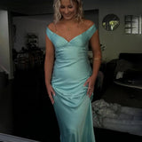 Kaia | Aqua Sheath Off The Shoulder Sleeveless Satin Long Prom Dress